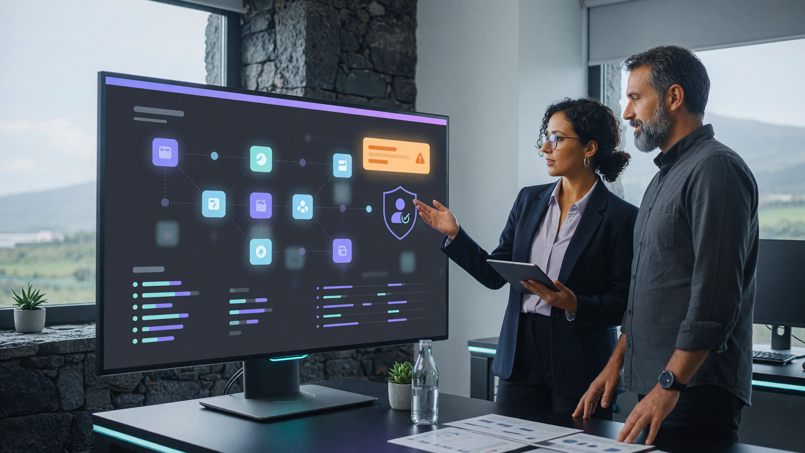 Two professionals reviewing an application access and identity-security dashboard in a modern Azores office