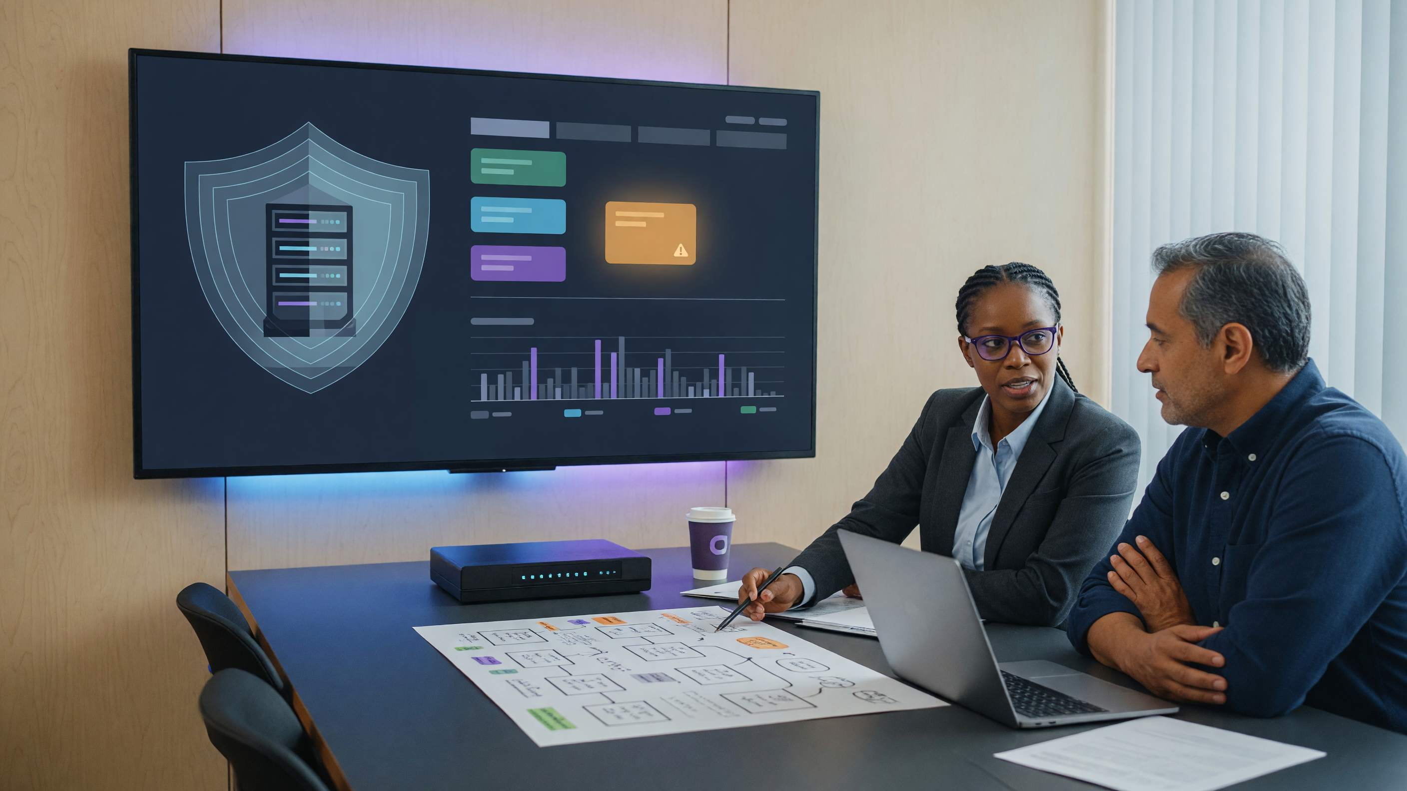 Two professionals reviewing a server hardening dashboard and network diagram in a modern office