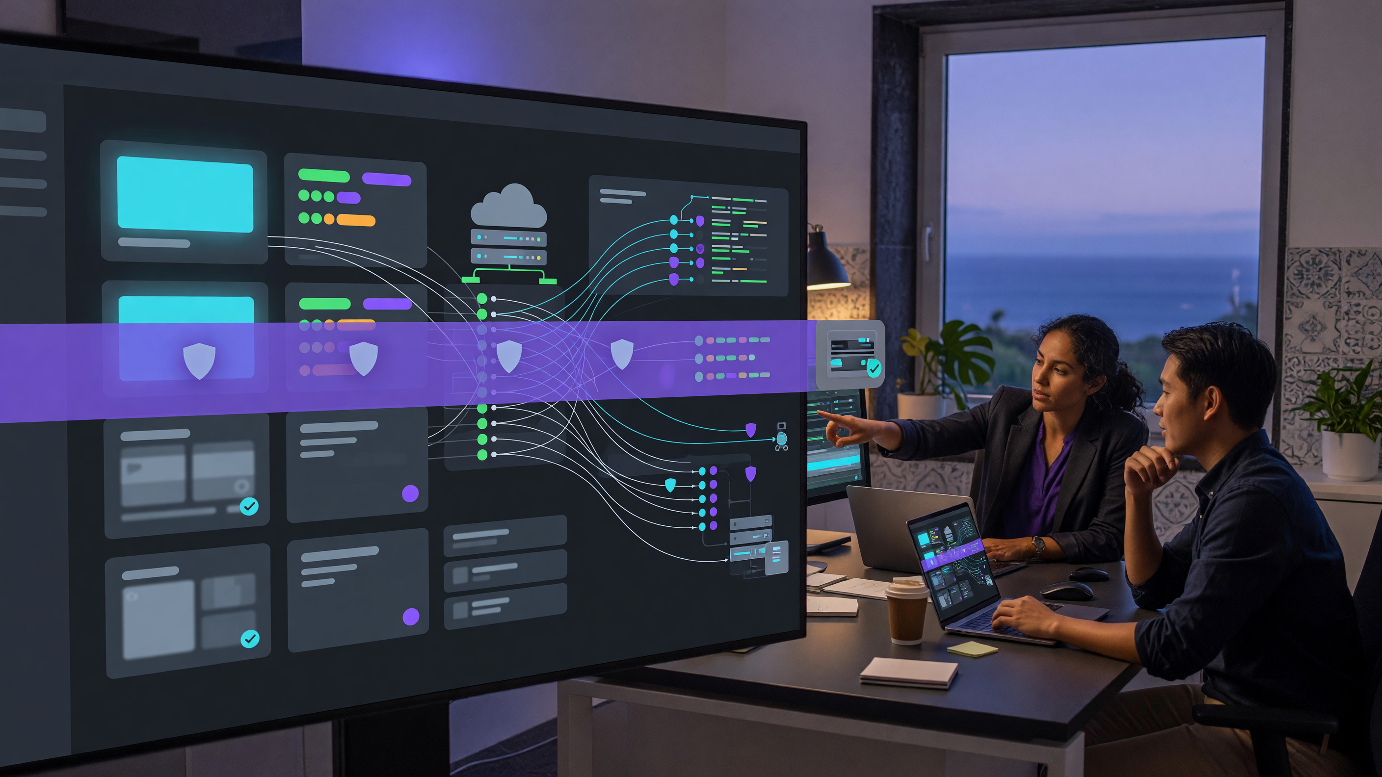 Two professionals review an abstract website security dashboard showing WAF protection, patch status and backup checks
